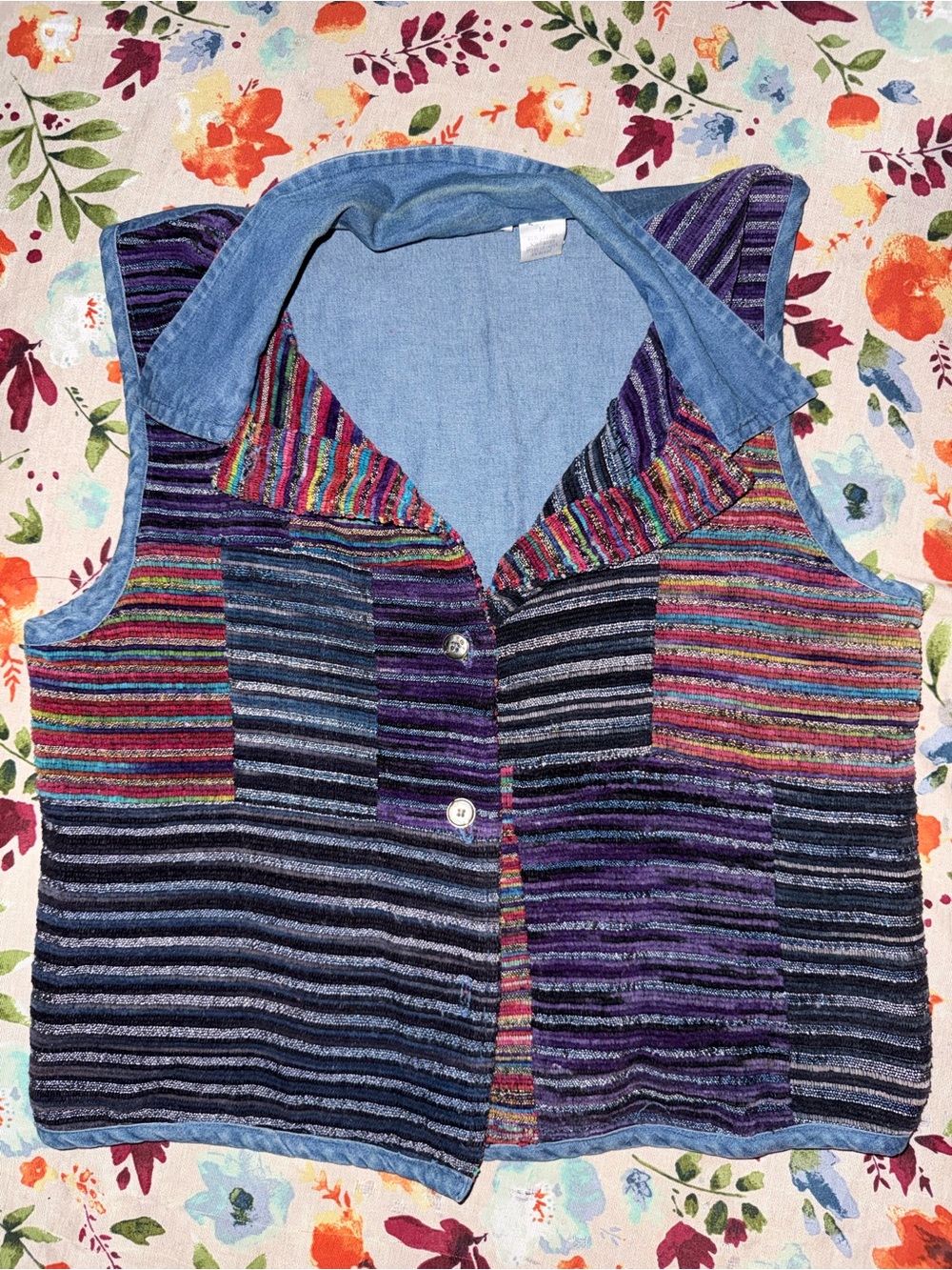 Dress Barn Multicolor Striped Patchwork Vest with Denim Trim